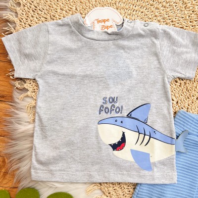 Conj. Camiseta Tubarão Sou Fofo e Bermuda - Mescla e Azul Claro